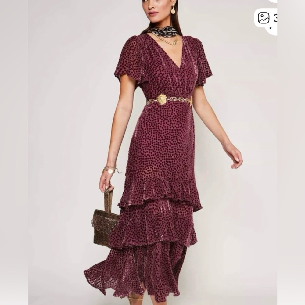 RIXO Elegant Plum Velvet Burnout Polka Dot Ruffle Maxi Dress NWT